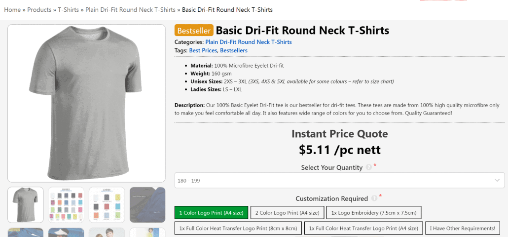 1 color print for 180 quantity basic dri fit t-shirt