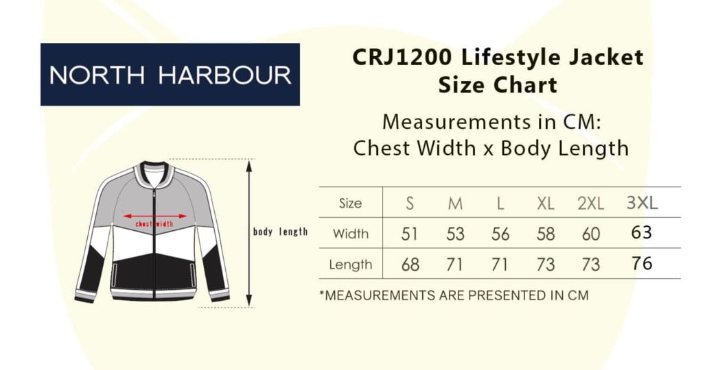 CRJ1200 Lifestyle Jacket 2019-20 size chart