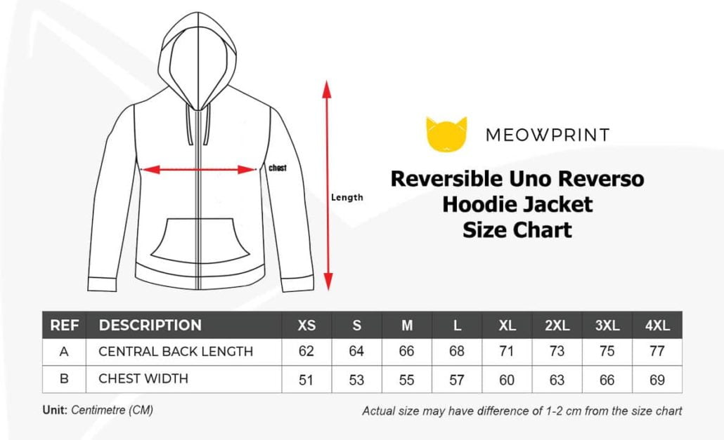 Reversible Uno Reverso Hoodie Jacket 2019-20 size chart