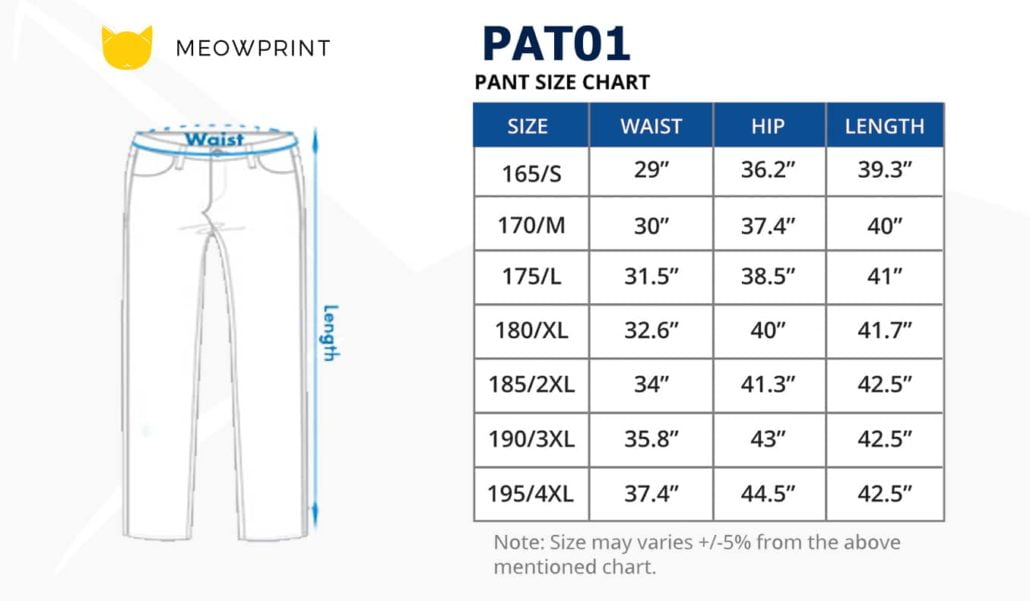 PAT01 Classic Corporate Pants 2019-20 size chart
