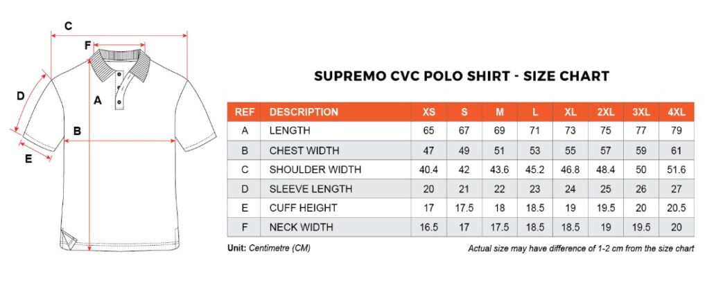 Uno Supremo CVC Polo T-Shirt size chart 2021