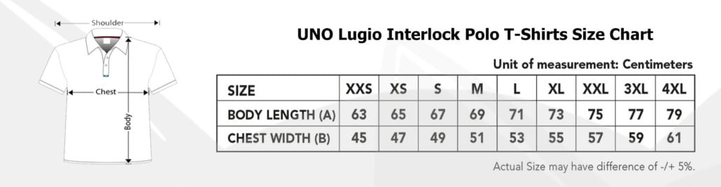 UNO Lugio Interlock Polo T-Shirts 2019-20 size chart