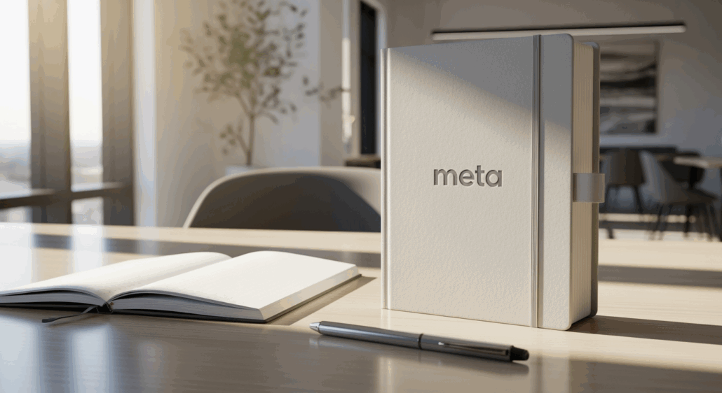 deboss meta logo on a notebook