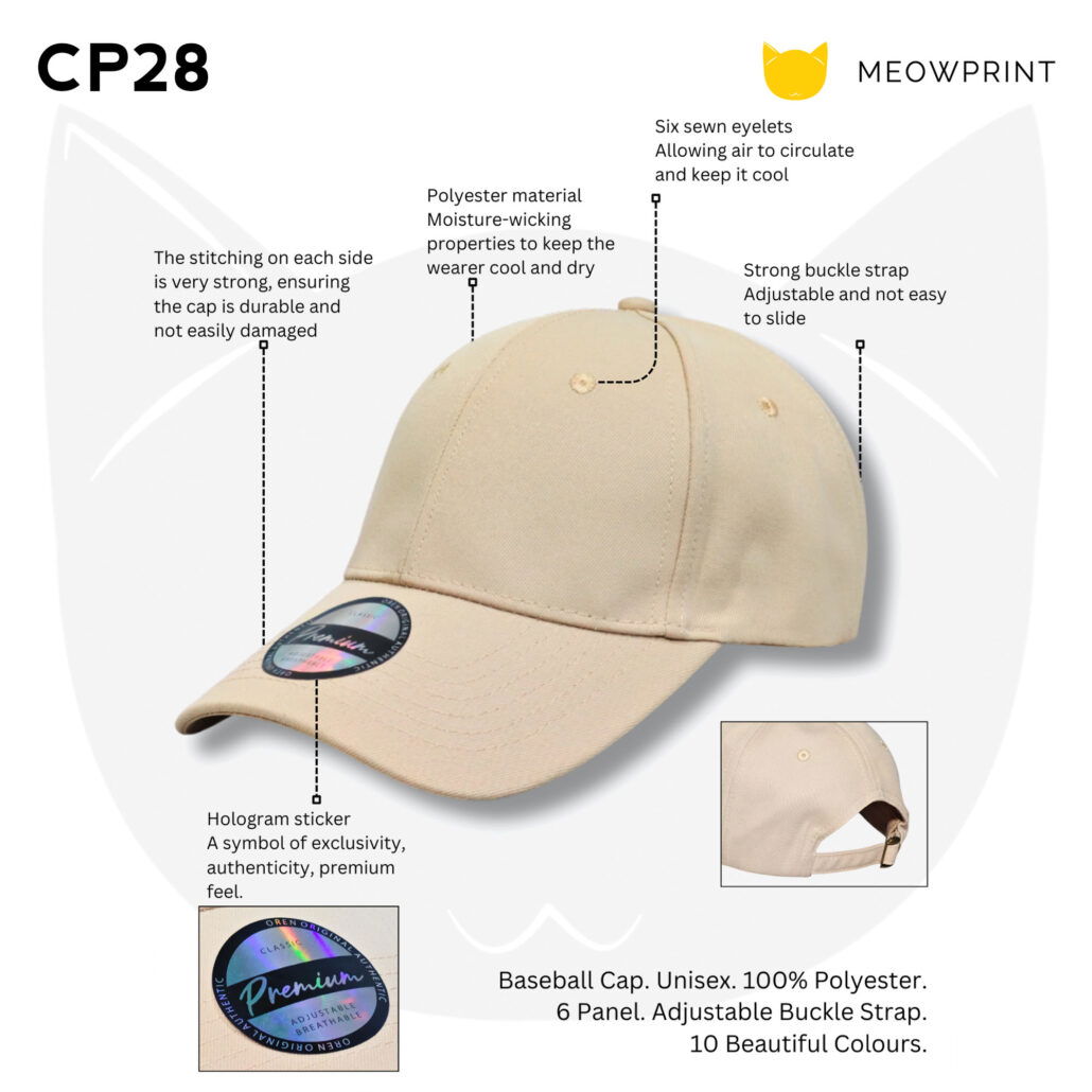 CP28 6-panel Polyester Baseball Cap w Visor Sticker 25-26 features